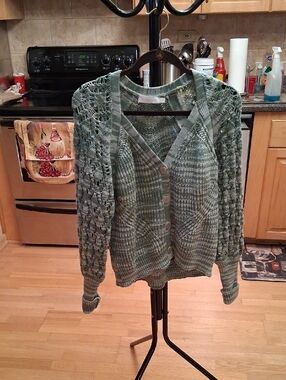 Jonathan Simkhai  By Revolvr Lichen Jade n Open-Knit Button Front Cardigan